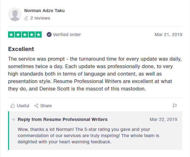10 Best Resume Writers in 2019 — screenshot of Resume Professional Writers’ TrustPilot review
