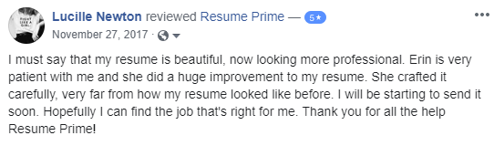 A screenshot of a facebook review to the executive resume writing services from resume prime