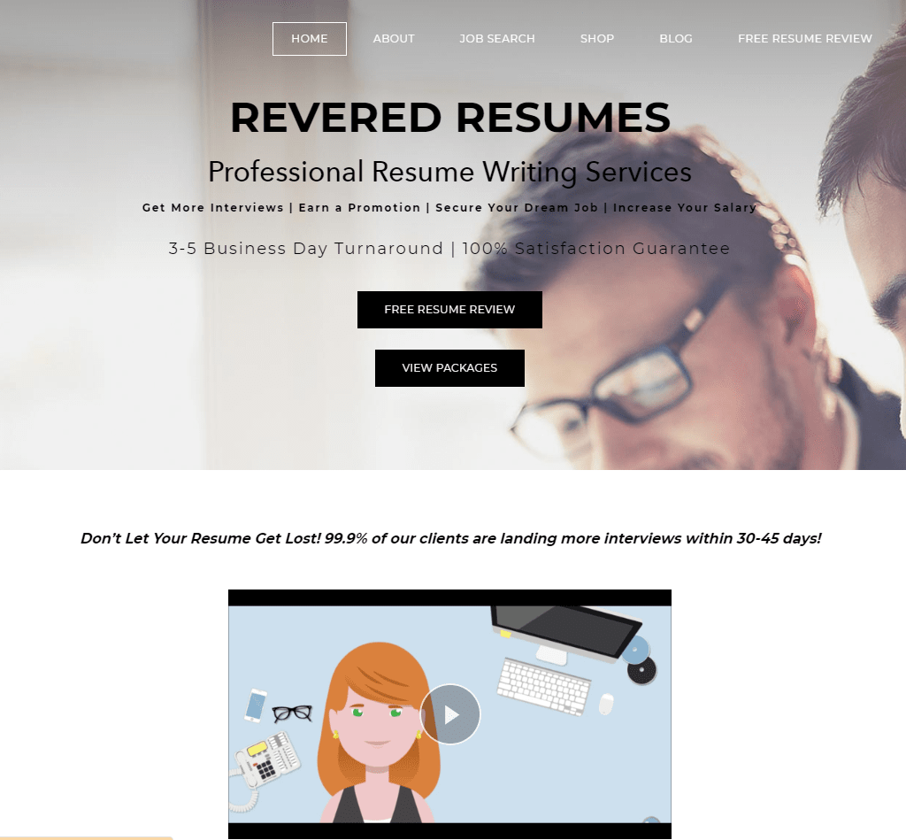 Hero section of Revered Resumes which is one of the best sales resume service companies now