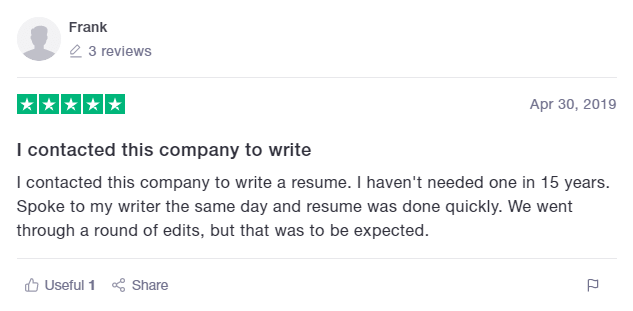 TrustPilot Review of Revered Resumes Sales Resume Service